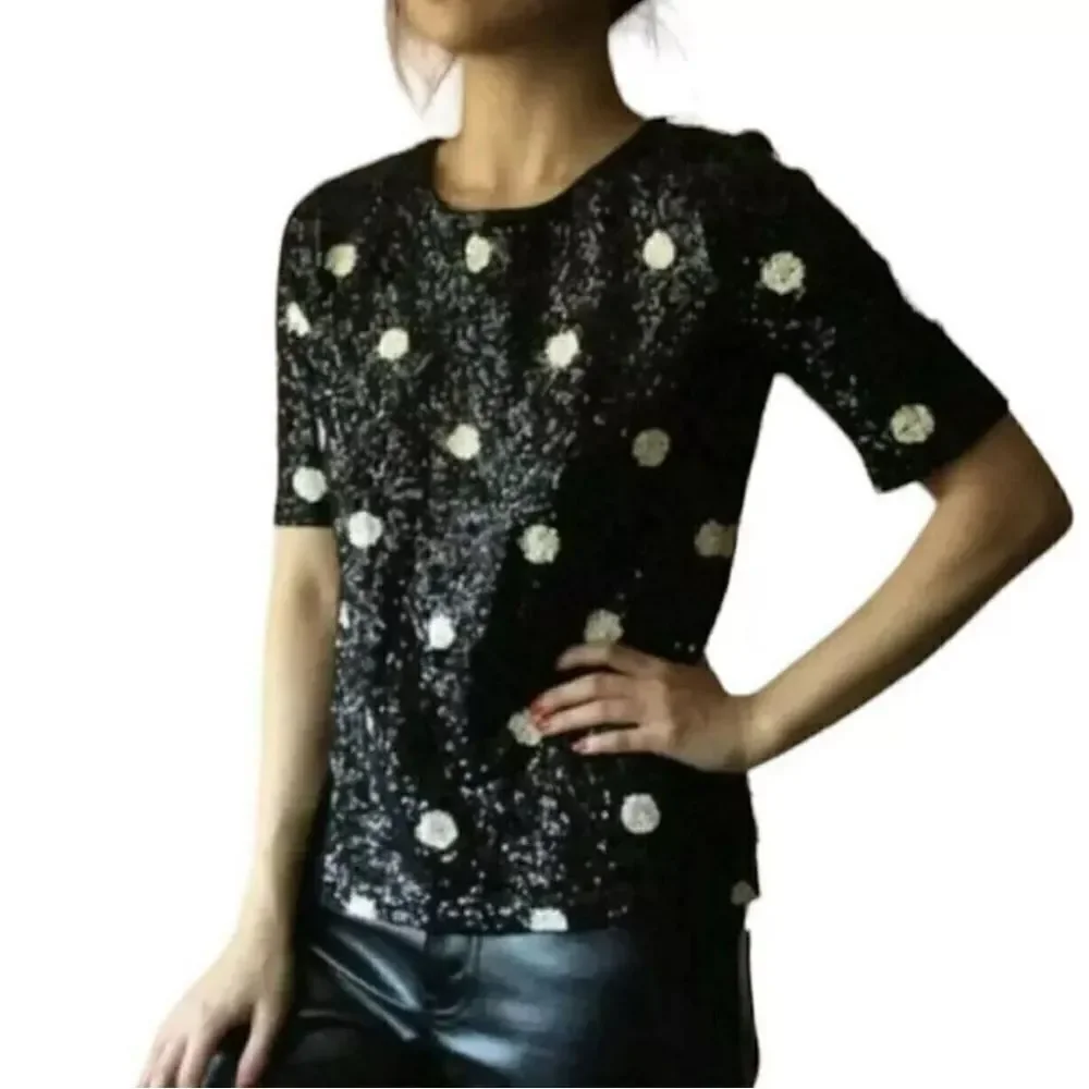 J. Crew XXS 100% Cotton Sequin Polka Dot Short Sleeve Top Party Blouse NWT Black